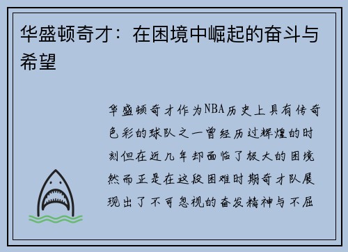 华盛顿奇才：在困境中崛起的奋斗与希望